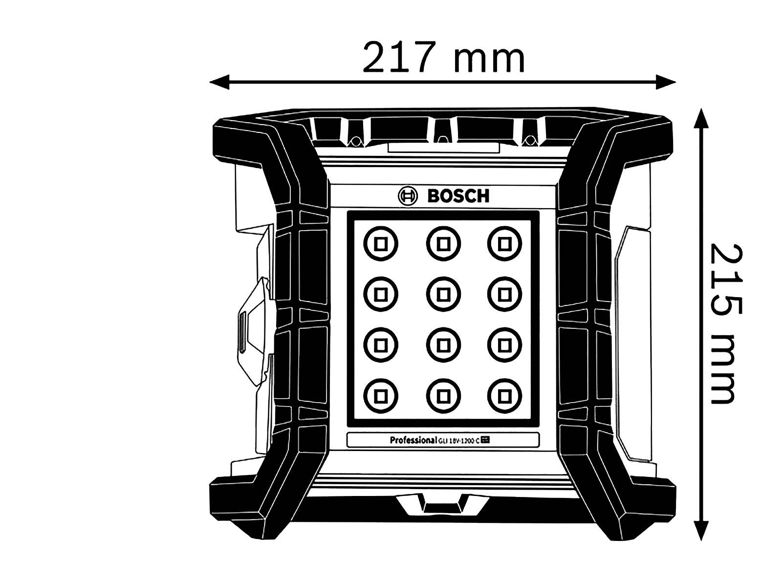 Un utensile elettrico rettangolare, marca Bosch con dimensioni di 217 mm di larghezza e 215 mm di altezza. Il lato anteriore mostra un motivo quadrato.