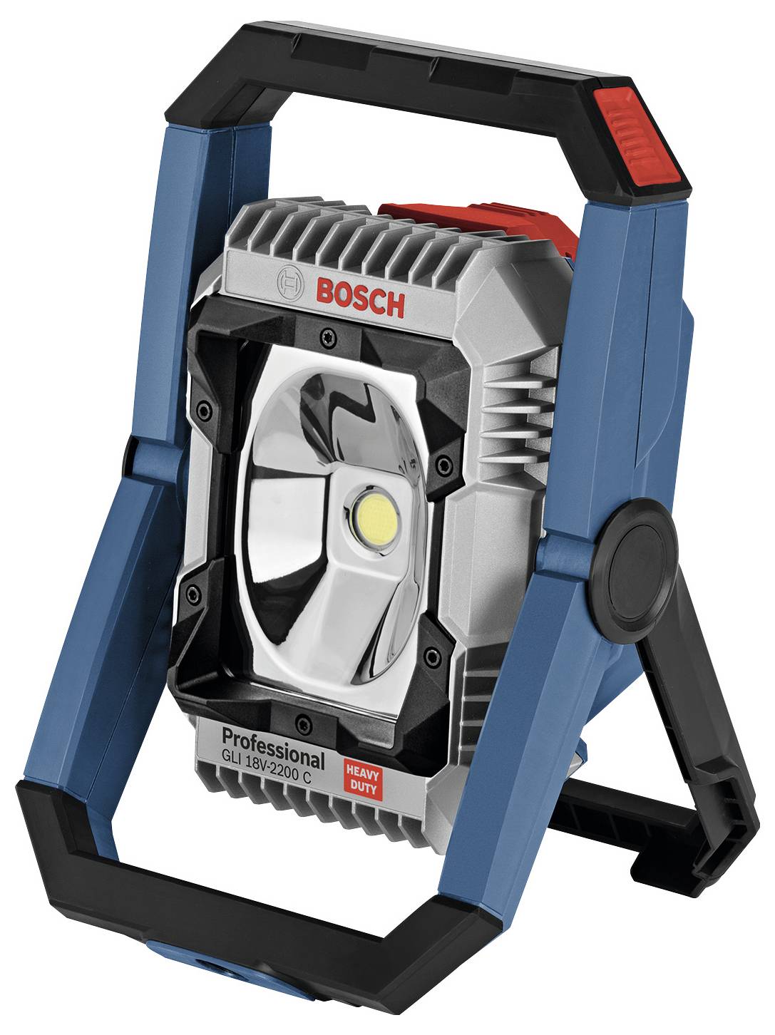 Lampada da cantiere portatile a LED con supporto regolabile, involucro blu e impugnatura rossa, Bosch, modello GLI 18V-2200 C.