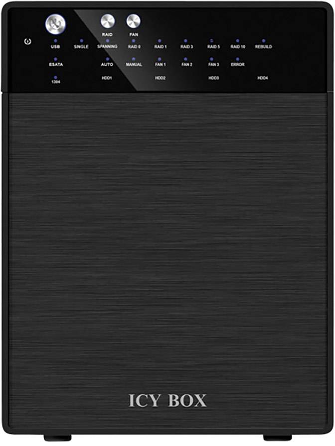 Custodia esterna nera per hard disk con più indicatori luminosi per USB, RAID, ventola e stato dell'hard disk. Nome del marchio in basso: ICY BOX.