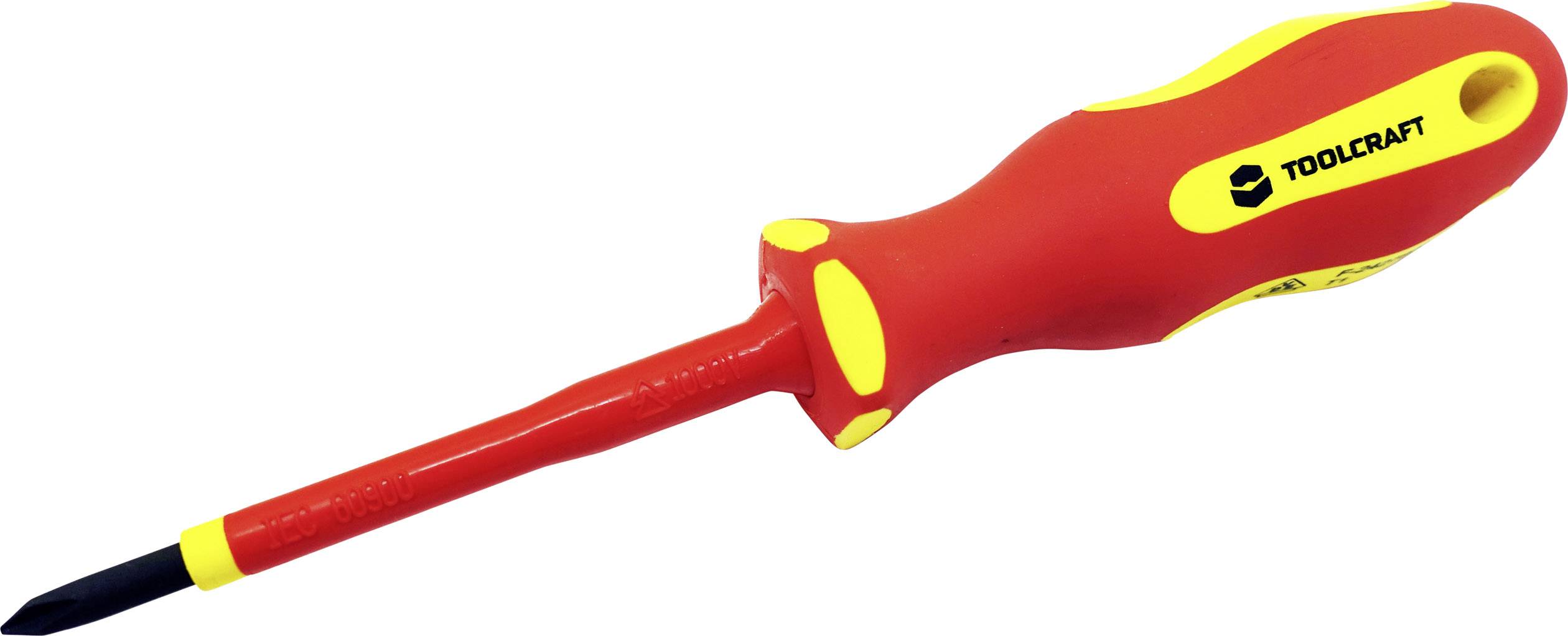 'Cacciavite isolato con impugnatura rossa e logo giallo, idoneo per lavori elettrici.'