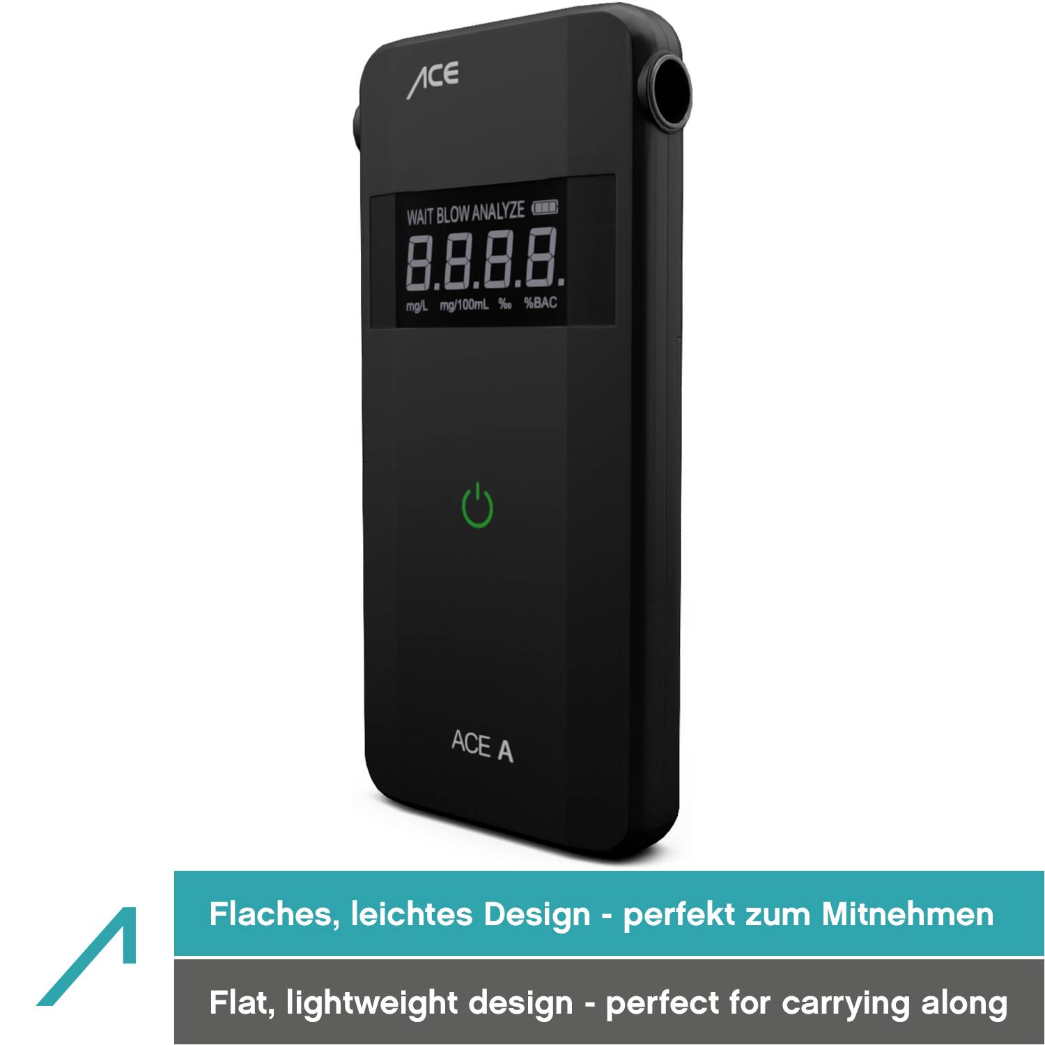 'Alcooltest ACE A con display digitale, design sottile e leggero, ideale per uso in movimento.'