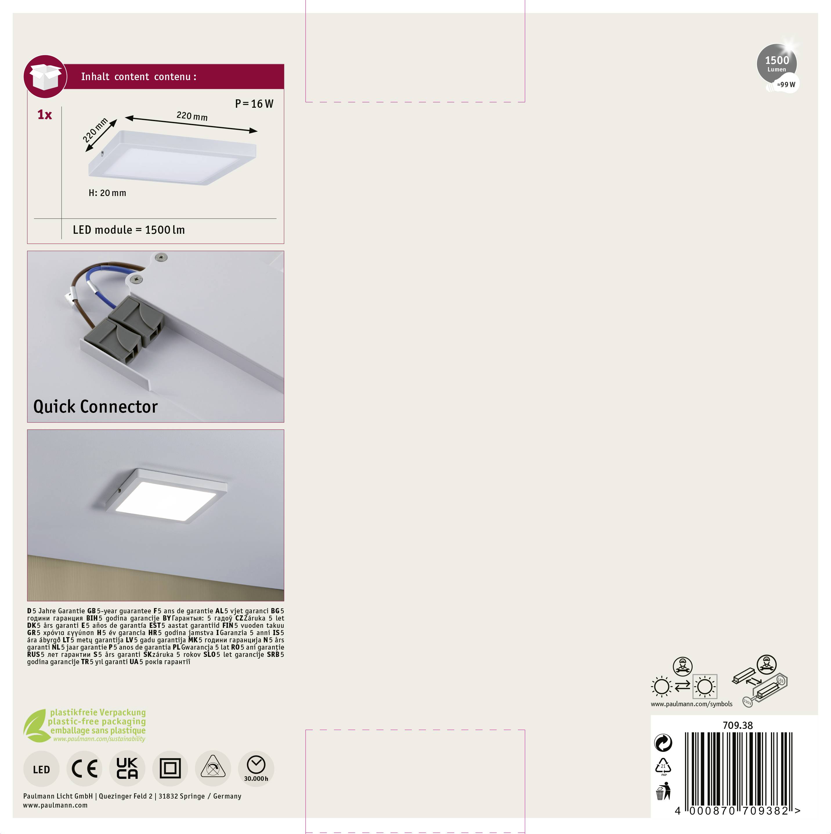 Confezione Plafoniera LED: Incluso Quick Connector, 1500 Lumen, 16W. Mostra la lampada montata, dimensioni 220 mm. Certificazioni sotto.