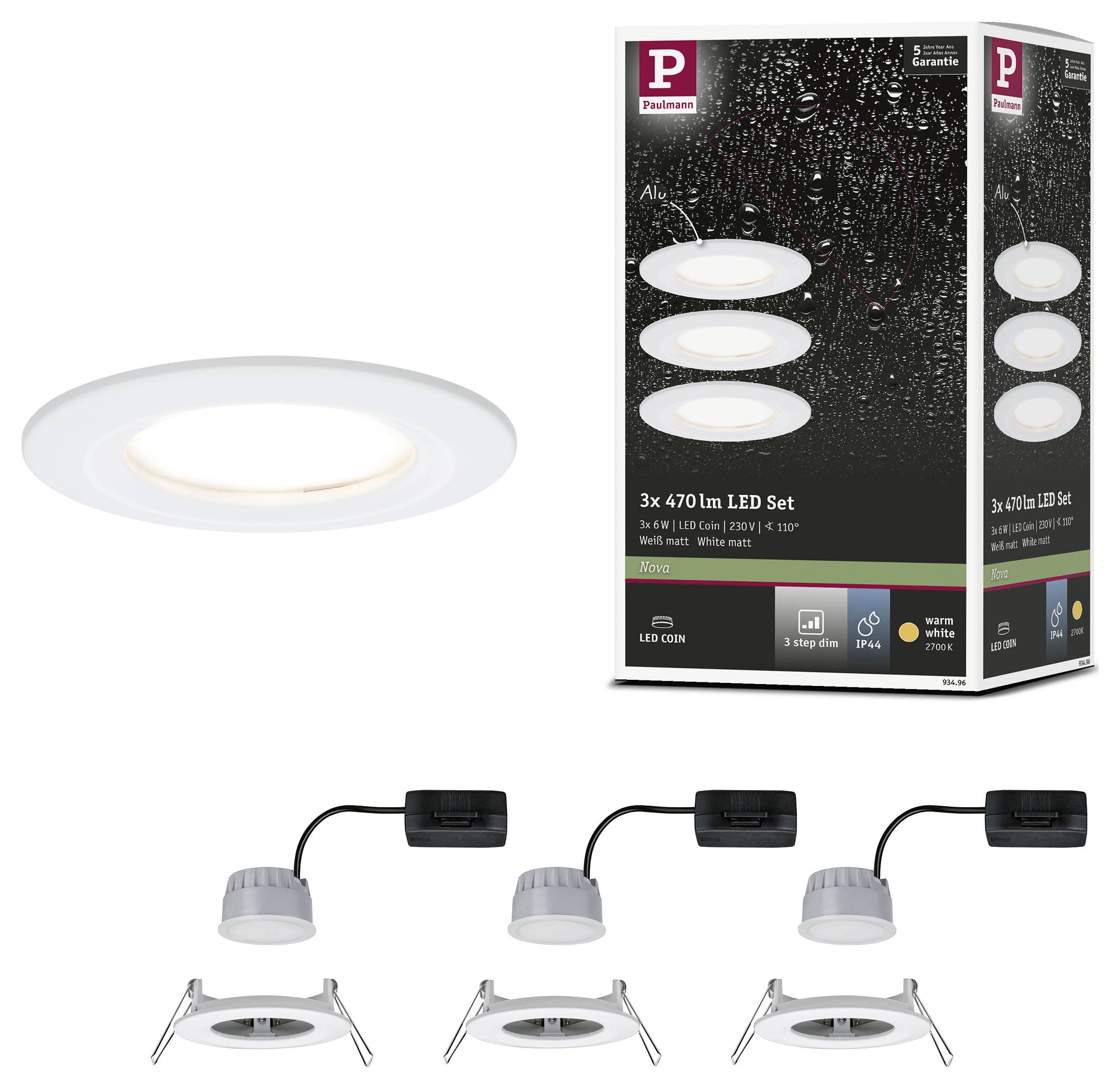 Set di faretti da incasso a LED per soffitto, composto da tre spot rotondi bianchi con confezione del modello. Adatto per un'illuminazione ambiente a risparmio energetico.