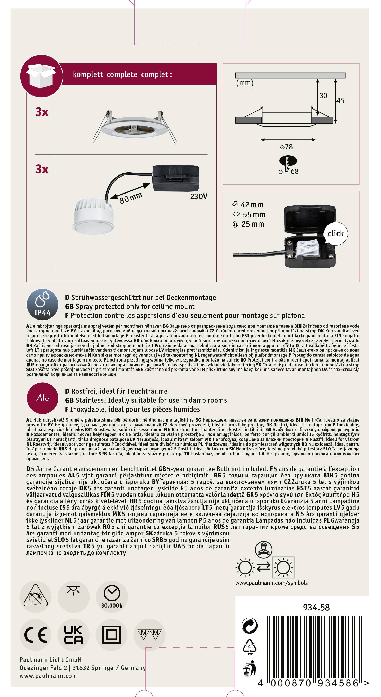 Un set di quattro faretti da incasso LED di Brennenstuhl, idonei per ambienti umidi, inclusi anelli di montaggio, alimentatori e dettagli di installazione.