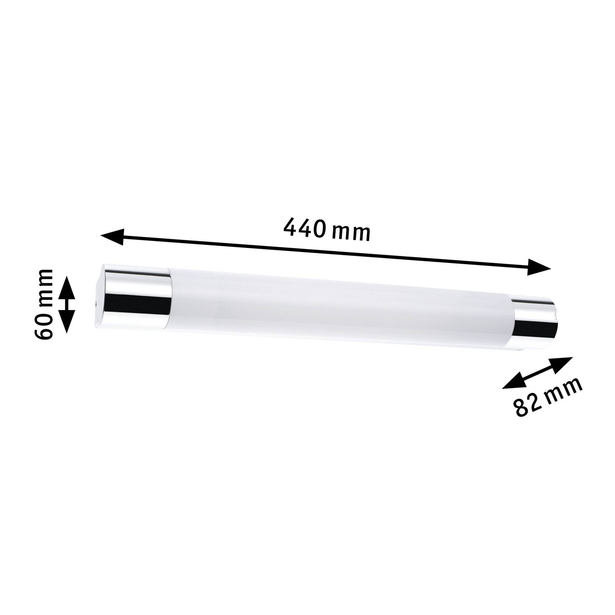La figura mostra una lampada cilindrica con elementi metallici, lunga 440 mm, alta 60 mm, profonda 82 mm, adatta per arredamenti moderni.