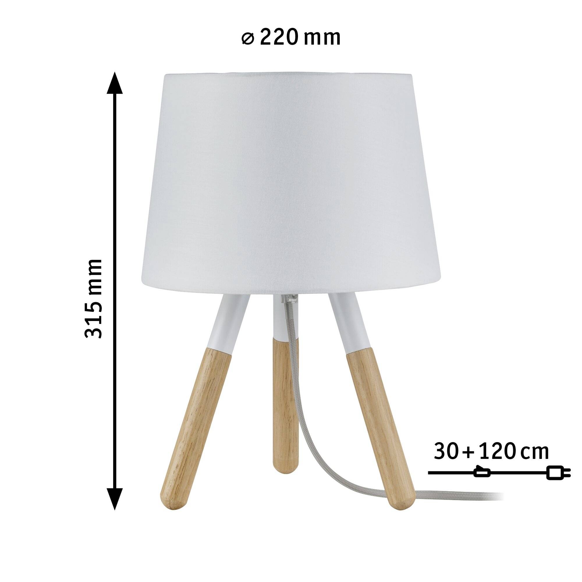 Lampada da tavolo bianca con base in legno a tre gambe, alta 315 mm, diametro paralume 220 mm, cavo da 30 cm più prolunga da 120 cm.