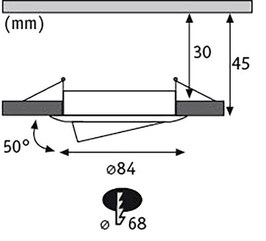 'Disegno tecnico di un punto luce da incasso con angolo di inclinazione di 50°. Diametro: 84 mm. Apertura di installazione: Ø 68 mm. Dimensioni: 30 mm x 45 mm.'