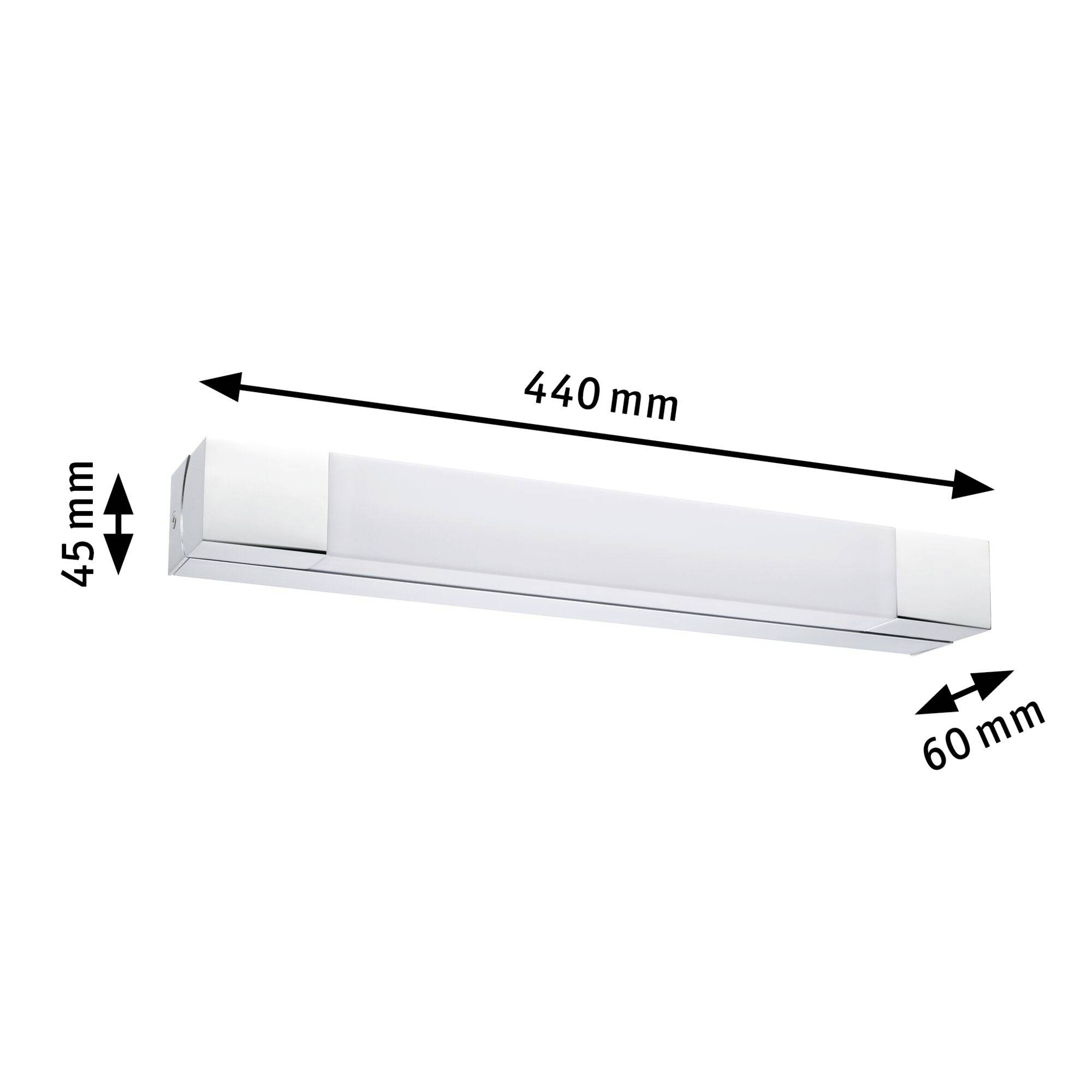 Una lampada rettangolare con dimensioni: 440 mm di lunghezza, 60 mm di larghezza, 45 mm di altezza. Superficie bianca, design moderno e minimalista.