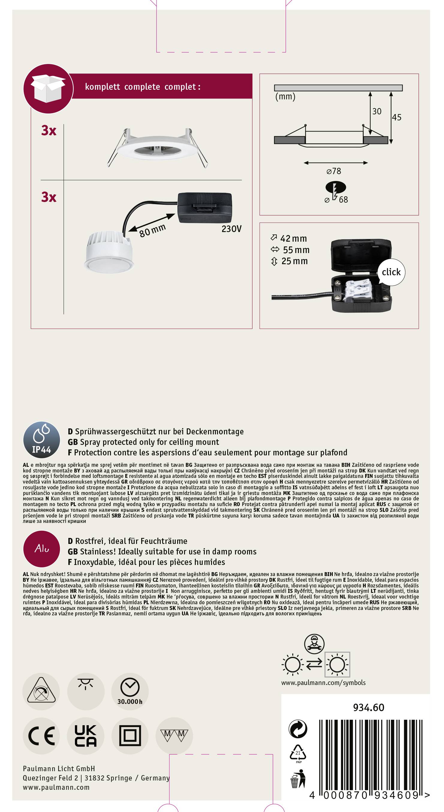Confezione per faretto LED da incasso a soffitto: mostra i componenti inclusi, diametro di installazione 68-75 mm, IP44, adatto per ambienti umidi.