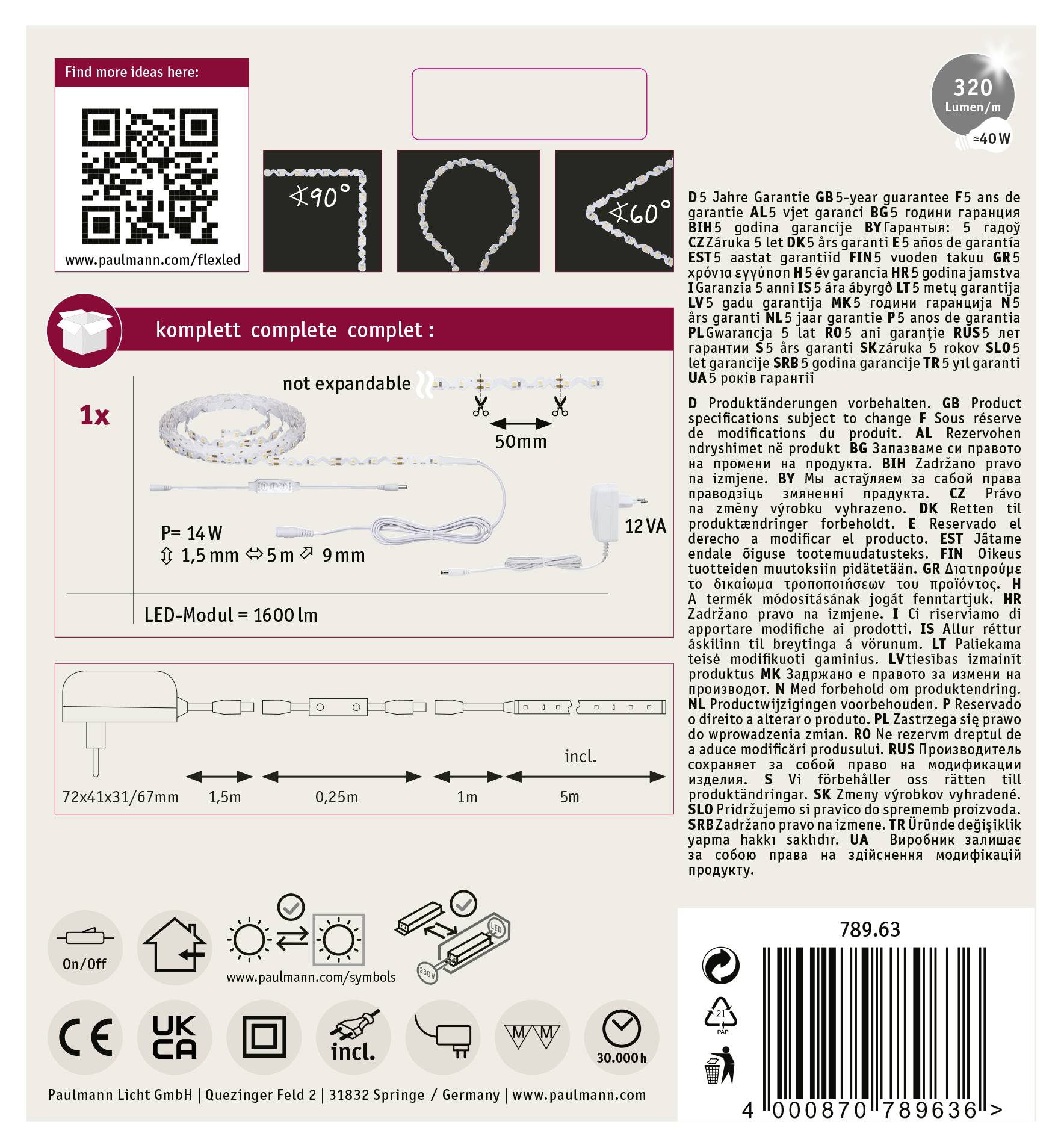 'Paulmann Licht 5 anni di garanzia'. Set LED completo: 320 Lumen, 4 Watt, non espandibile. Testo e simboli per installazione e avvertenze prodotto.
