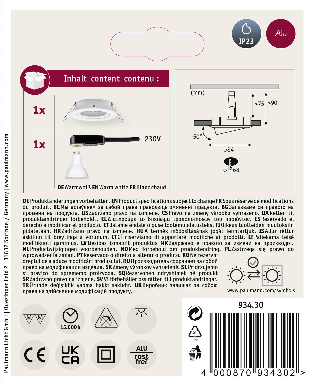 'Paulmann Bianco caldo EN Warm white FR Blanc chaud' Modulo LED 1x con coperchio a vite e certificazioni CE, UKCA, EAC.