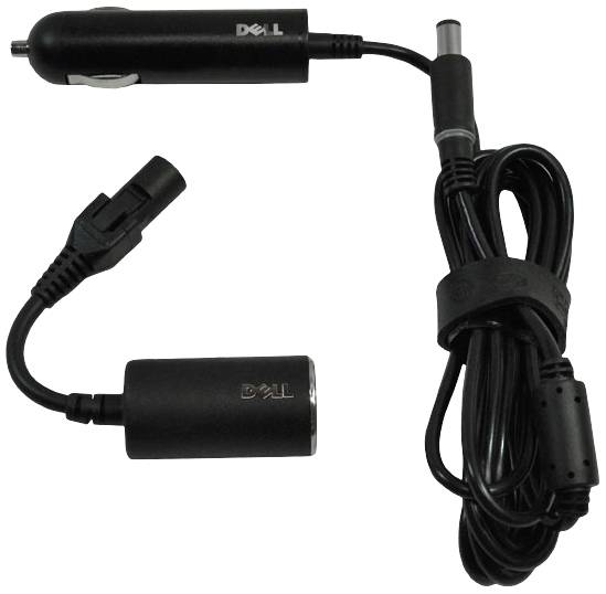 Adattatore Dell per accendisigari, con cavo fisso e spina adattatore aggiuntiva per dispositivi elettronici.