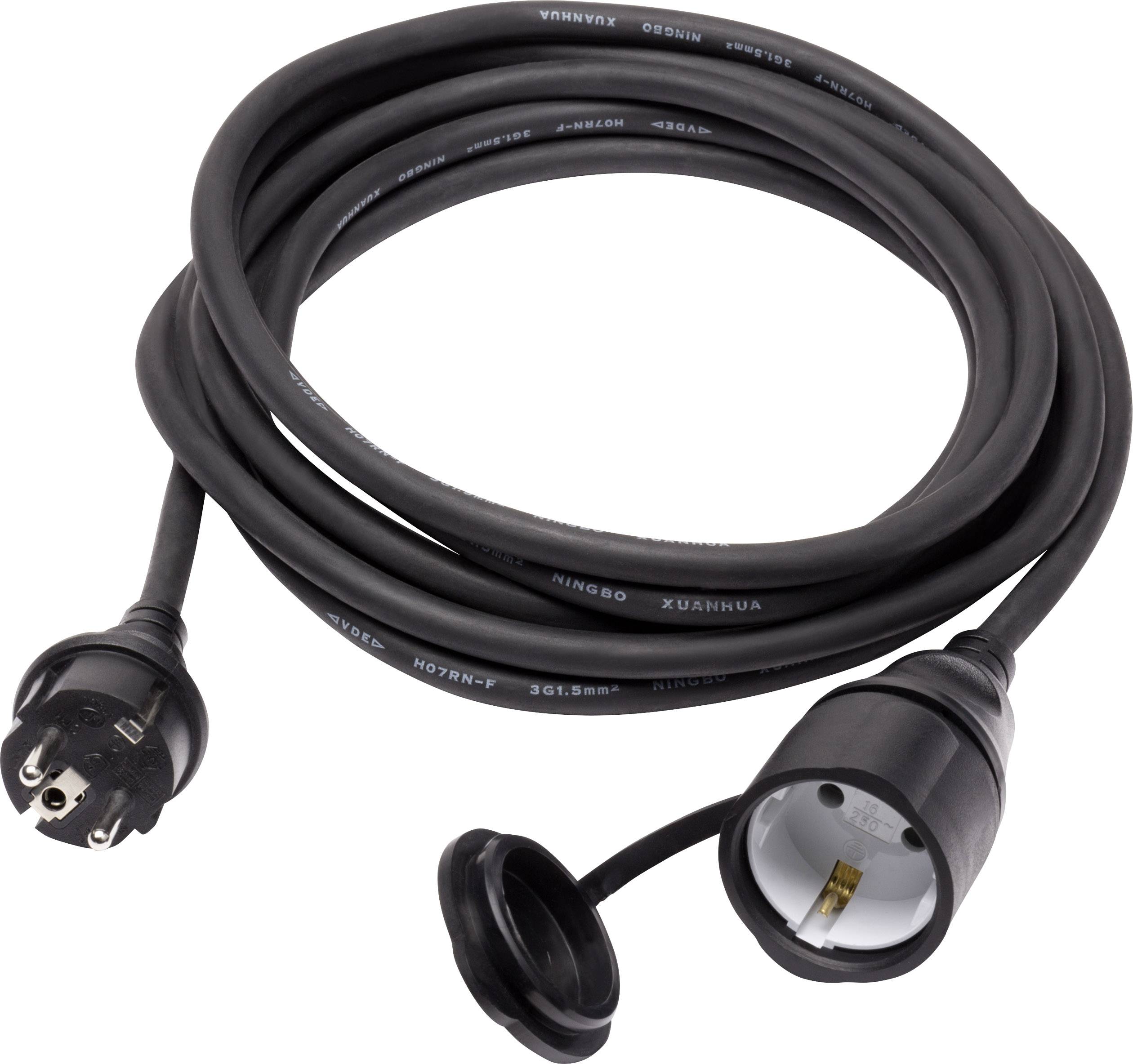 Prolunga elettrica nera con una spina e una presa, adatta per uso esterno, rappresentata in forma arrotolata.