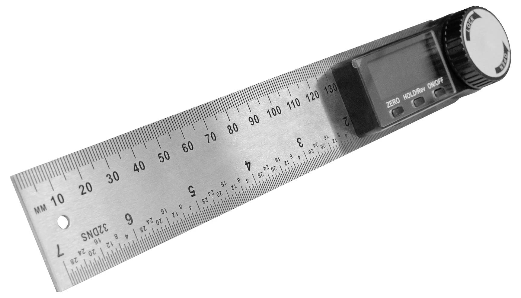 Calibro digitale con scala da 0 a 150 mm e display digitale per misurazioni precise di piccole lunghezze e angoli.