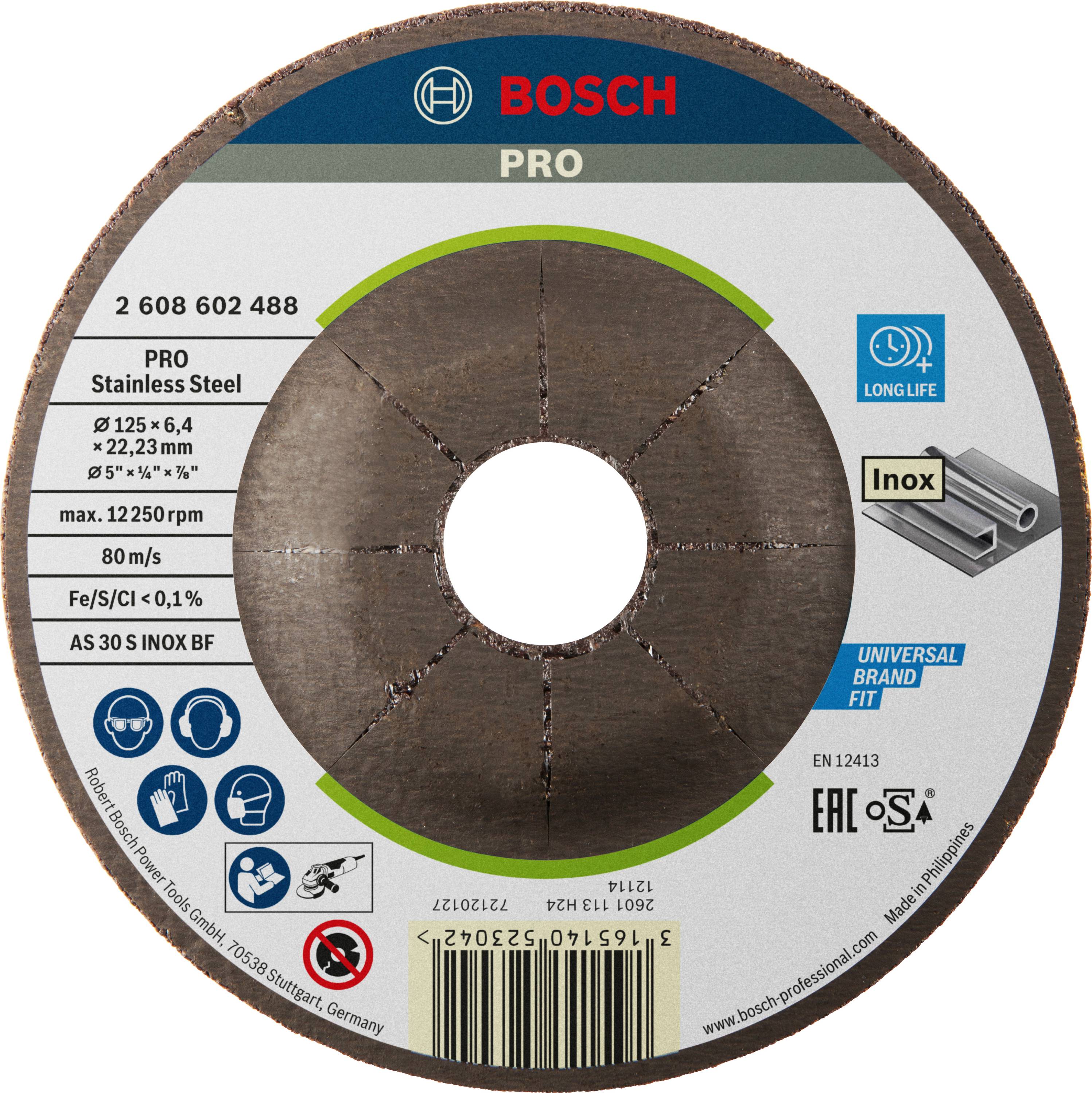 Disco abrasivo per acciaio inossidabile, marca Bosch Pro, diametro 125 mm, spessore 6,4 mm. Adatto per smerigliatrice angolare, di lunga durata.