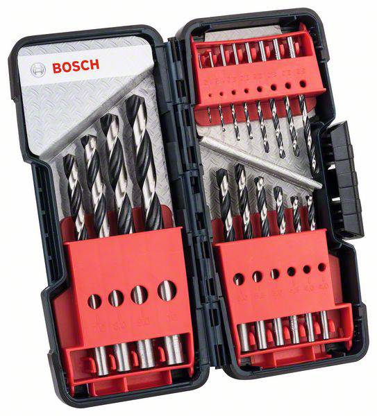 Un set di punte per trapano aperto con diverse punte metalliche in una scatola di plastica nera con supporto rosso. Marchio: 'Bosch'.