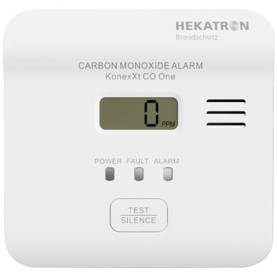 Rilevatore di monossido di carbonio con display digitale che mostra '0 PPM', tre pulsanti per test, modalità silenziosa e funzioni di allarme. Marca: Hekatron.