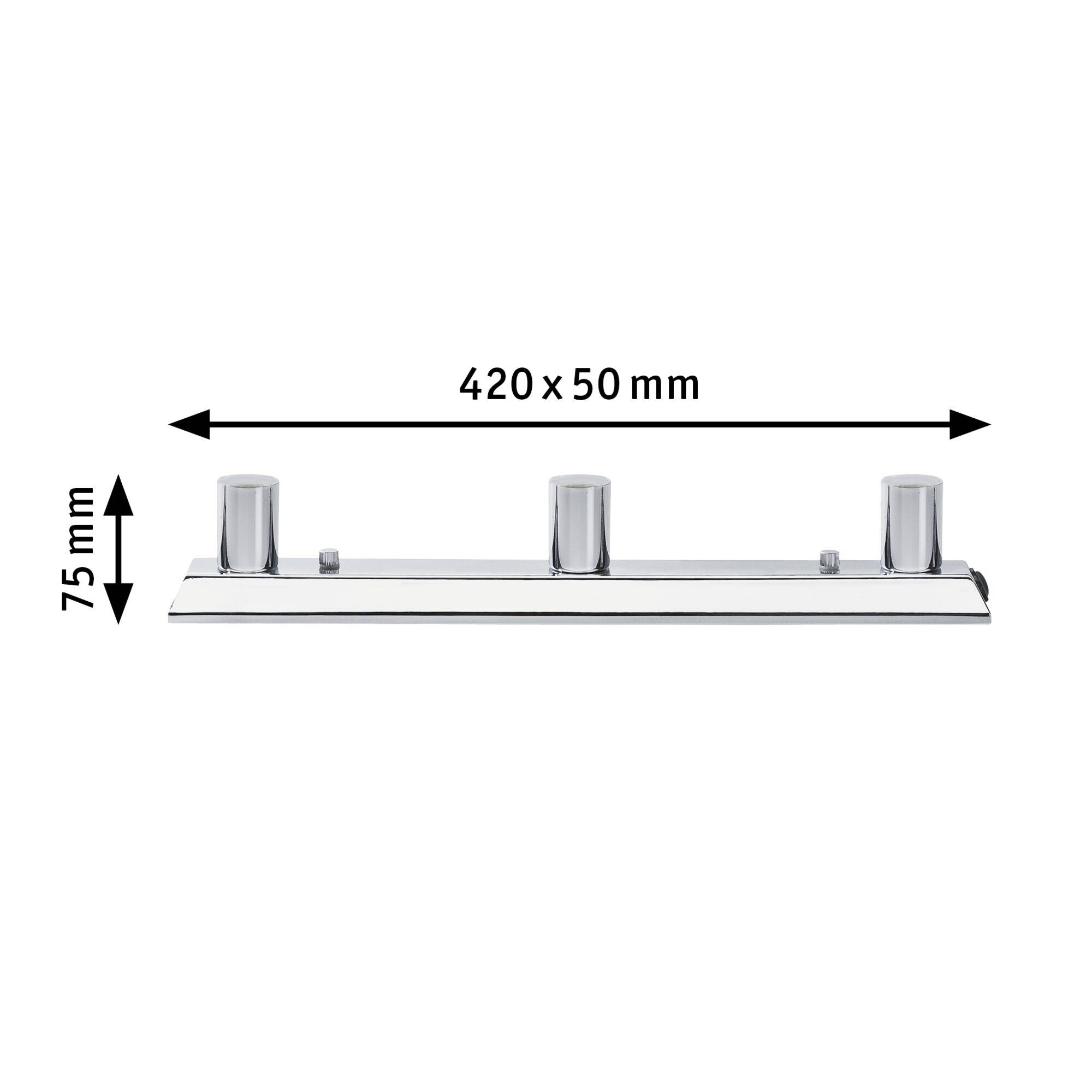 Ripiano cromato, misure 420 x 50 mm e altezza 75 mm, utilizzato per lo stoccaggio in bagno. Comprende tre supporti verticali rotondi.