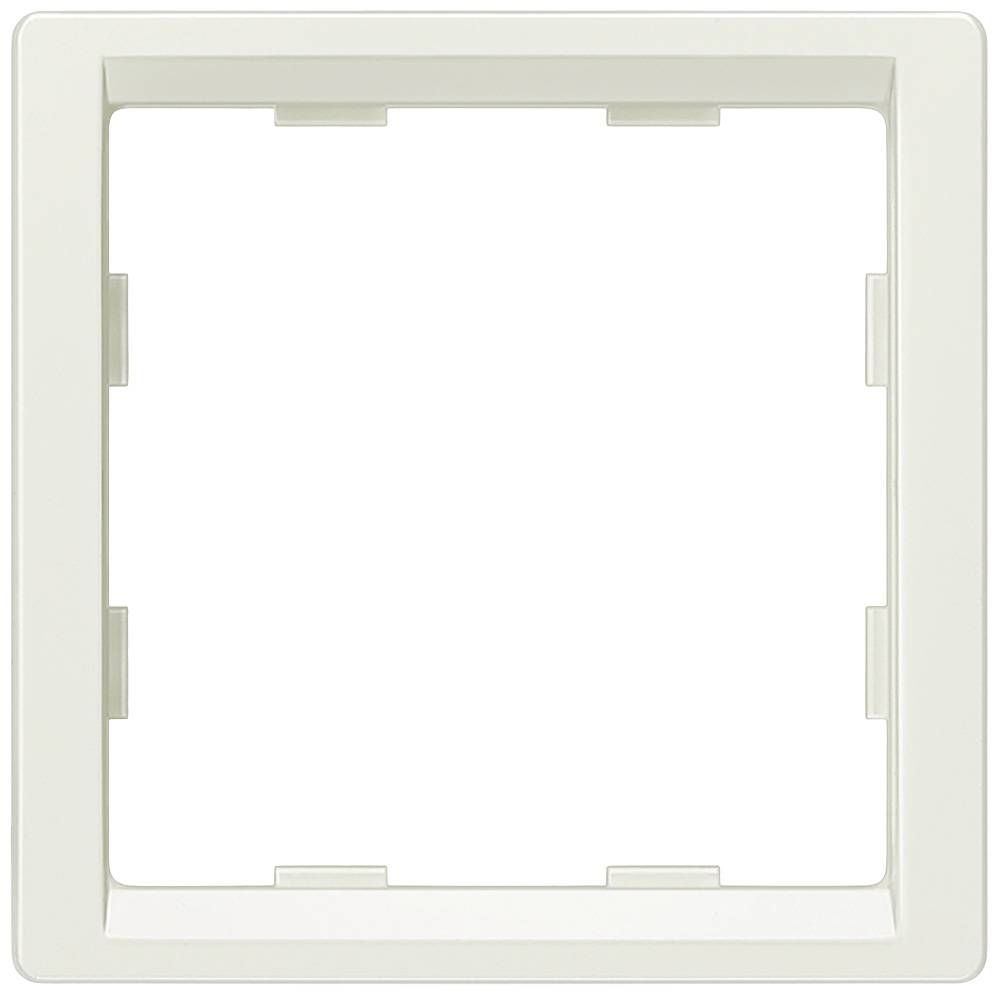 Placca di copertura quadrata bianca con bordi leggermente arrotondati e rientranze sui lati, adatta per interruttori della luce o prese elettriche.