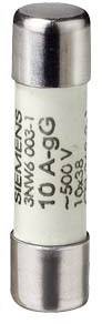 Fusibile cilindrico con cappucci metallici recante la scritta 'SIEMENS 10 A ~500 V 3NW6 603-1'.