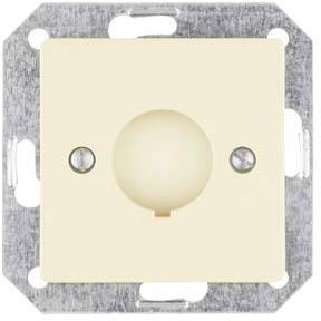 Copertura color crema per presa TV o SAT, forma quadrata con apertura ovale centrale, incorniciata in un telaio metallico.
