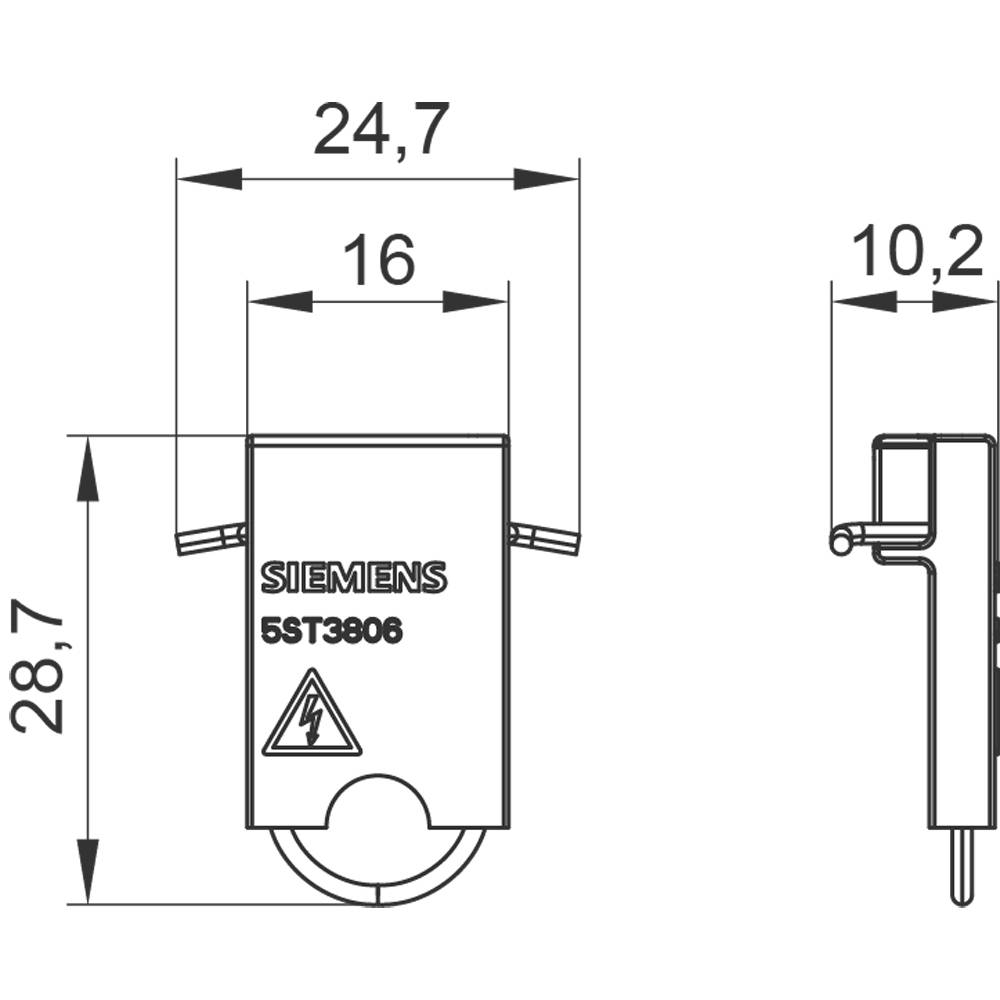 Disegno tecnico di un segmento di sicurezza Siemens con quote dimensionali: altezza 28,7 mm, larghezza 16 mm. Vista laterale destra mostra una profondità di 10,2 mm.