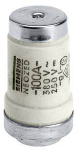 Un inserto fusibile cilindrico con la scritta 'Siemens 100A 380V~ 250V-'.