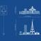 Progetto blu di LEGO Architettura con edifici, tra cui una torre e costruzioni rettangolari. Le misure sono indicate in pollici e centimetri.