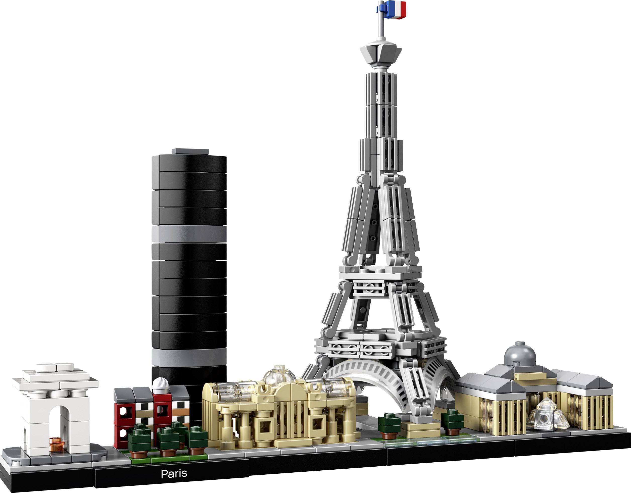 Una vista architettonica LEGO di Parigi che raffigura in miniatura la Torre Eiffel, l'Arco di Trionfo e altri monumenti iconici.