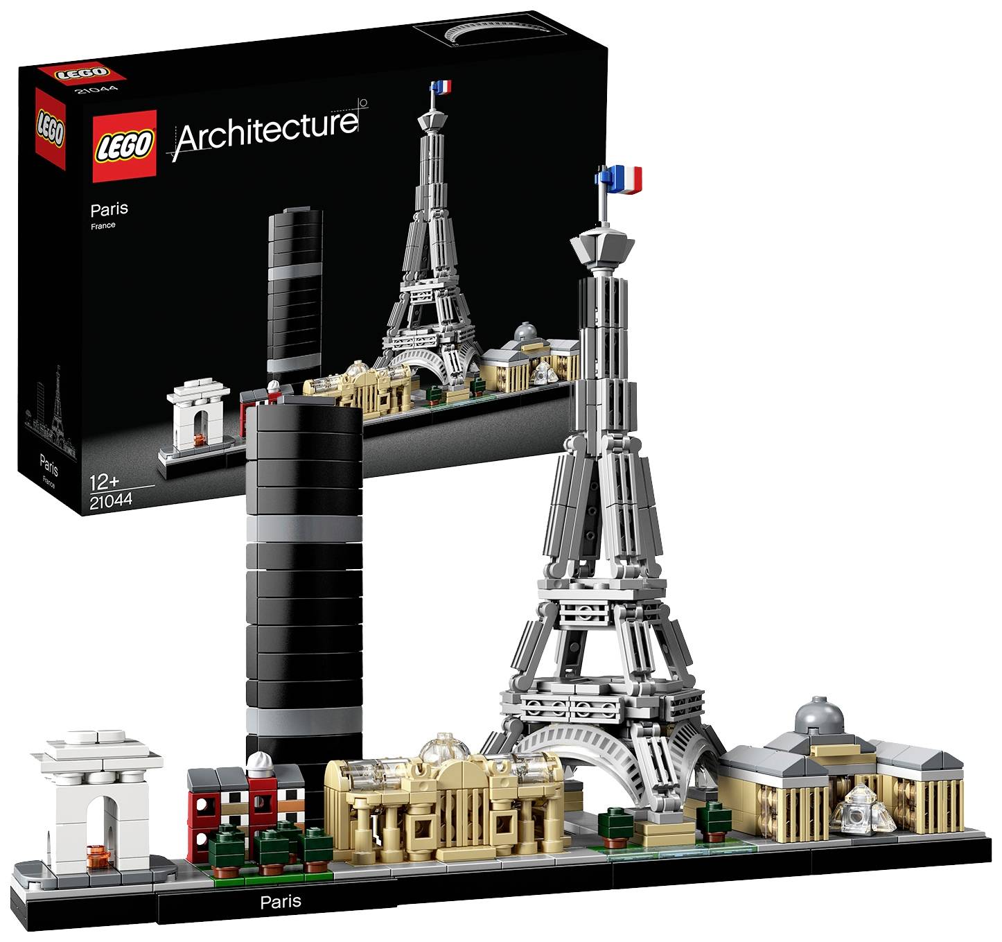 Set LEGO 'Architettura Parigi' con la Torre Eiffel, l'Arco di Trionfo e altri monumenti parigini, vista del modello e della confezione.