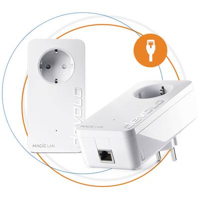 Due adattatori bianchi con prese di corrente e connessioni Ethernet. Sono etichettati con 'devolo' e 'Magic LAN' e sono utilizzati per la connessione di rete.