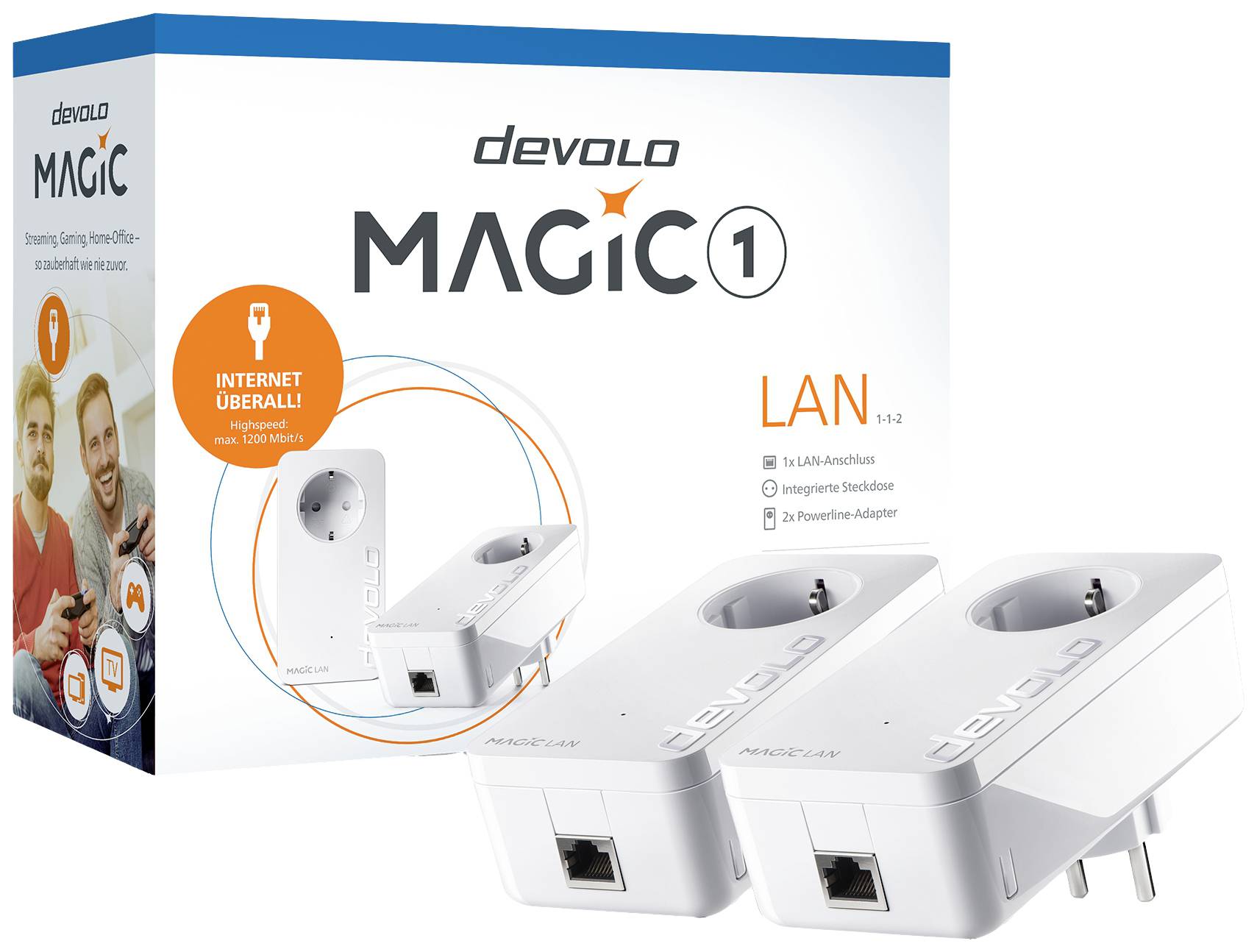 Set Devolo Magic 1 LAN con due adattatori di rete per connessione internet tramite linea elettrica; confezione che mostra dettagli e loghi.