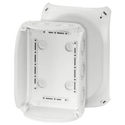 Un contenitore rettangolare bianco in plastica con diverse aperture circolari, idoneo per installazioni elettriche.
