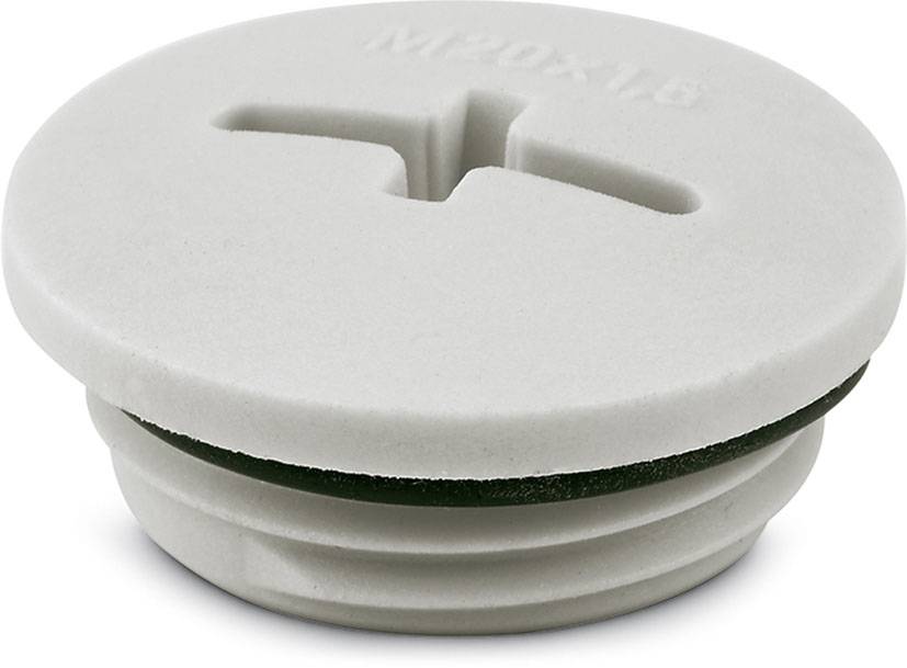 Tappo rotondo in plastica grigia con scanalature sul lato inferiore e una fessura nella parte superiore. Superficie superiore stampata con 'MPOX18'.