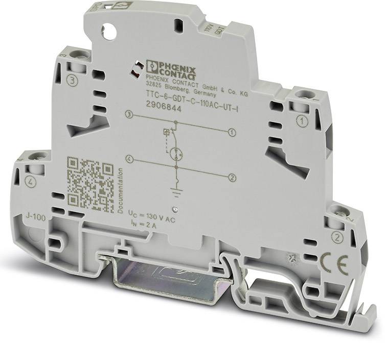 Un modulo relè grigio di Phoenix Contact, modello TTC-6-0.5DC-PT-I con dettagli tecnici e informazioni di contatto stampati.
