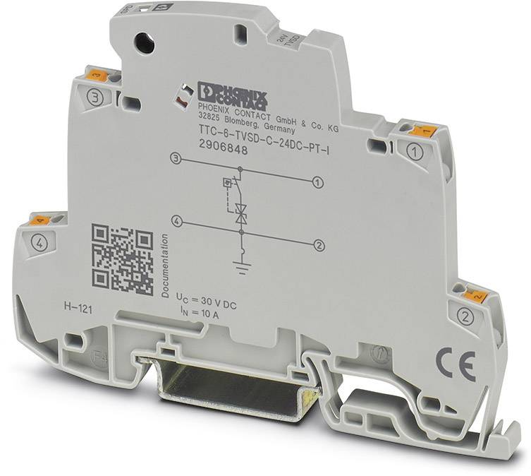 Un modulo grigio di morsetti elettrici in serie di Phoenix Contact, modello TTC-6-TVD-C-24DC-PT-1, con diagramma di circuito e codice QR.