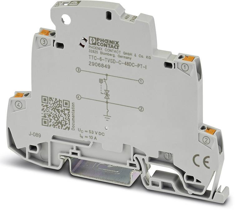 Un dispositivo di protezione da sovratensione di Phoenix Contact con informazioni specifiche del modello e un codice QR.