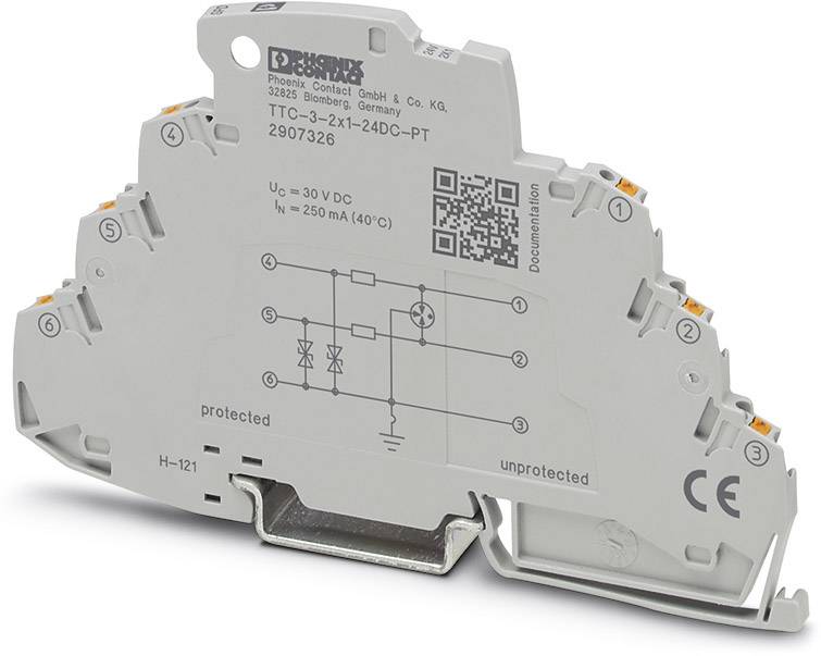 'Dispositivo di protezione contro le sovratensioni per guida DIN, modello TTG-3x21-24DC-PT di Phoenix Contact. Protezione fino a 30 V DC, 250 mA.'