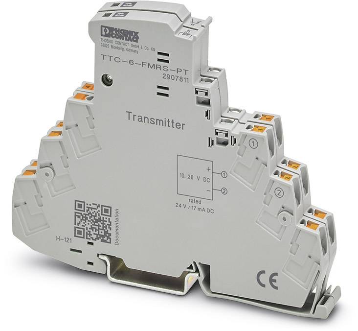 Dispositivo elettronico, stampato con 'Trasmettitore', dotato di più morsetti per connessioni elettriche, idoneo al montaggio su guida DIN.