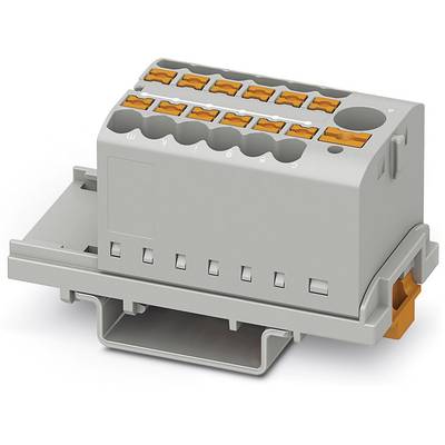 Un connettore elettrico grigio con elementi di azionamento arancioni, idoneo per l'uso in quadri elettrici.