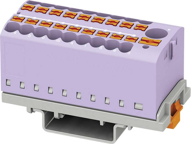 Morsettiera di Lila Klemmblock con leve arancioni, utilizzata nell'elettrotecnica per il collegamento sicuro dei cavi, su base grigia.