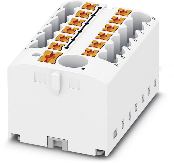 Un connettore elettrico bianco con più morsetti di collegamento arancioni, disposti su due file nella parte superiore.