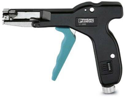 Attrezzo manuale nero con impugnature blu, visto di lato, utilizzato per il taglio preciso o lo spellamento dei cavi.