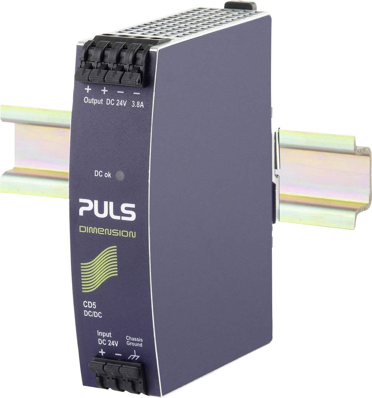 Un alimentatore blu su guida DIN per corrente continua (DC) di PULS, modello 'Dimension', con connessioni di ingresso e uscita per 24V.