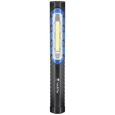 Una torcia nera e blu con illuminazione a LED, posizionata verticalmente, mostra il logo del marchio 'Varta' sul manico.