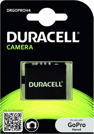 Una batteria Duracell per fotocamera, confezionata e adatta per GoPro Hero4. Codice QR e alcune specifiche sulla parte anteriore della confezione.