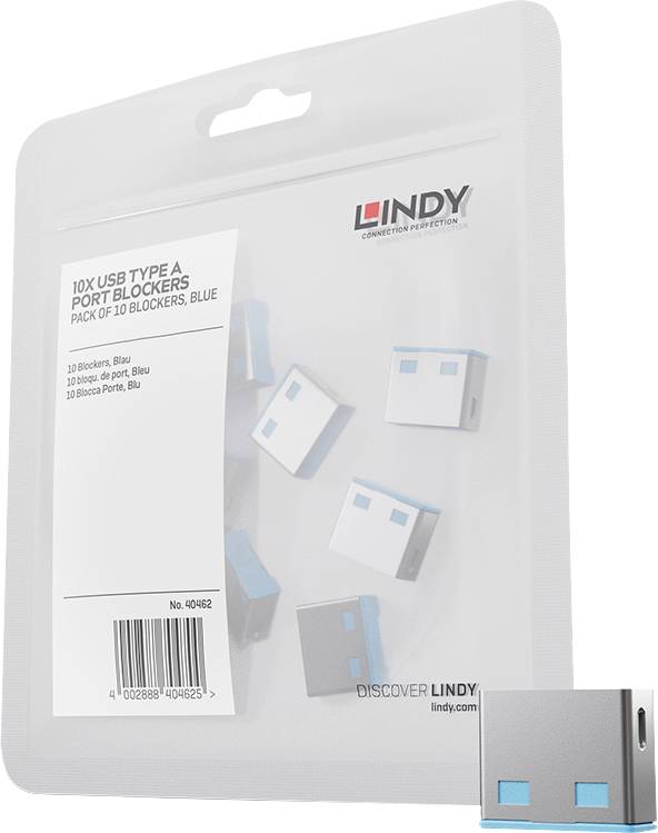 Imballaggio LINDY per un pacco di 10 blocchetti per porta USB Type A, blu, mostrato con piccoli blocchetti metallici in un paccchetto in stile blister.