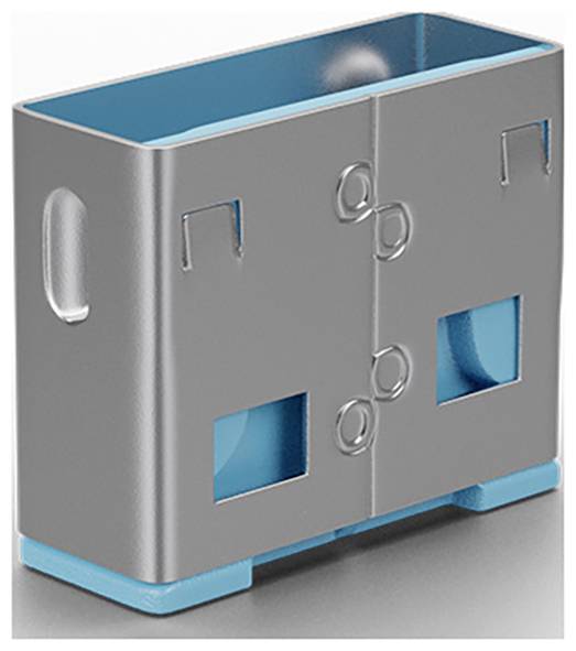 Scatola di stoccaggio in metallo grigio e blu con porta a cerniera, maniglia laterale e due finestre di visualizzazione anteriori