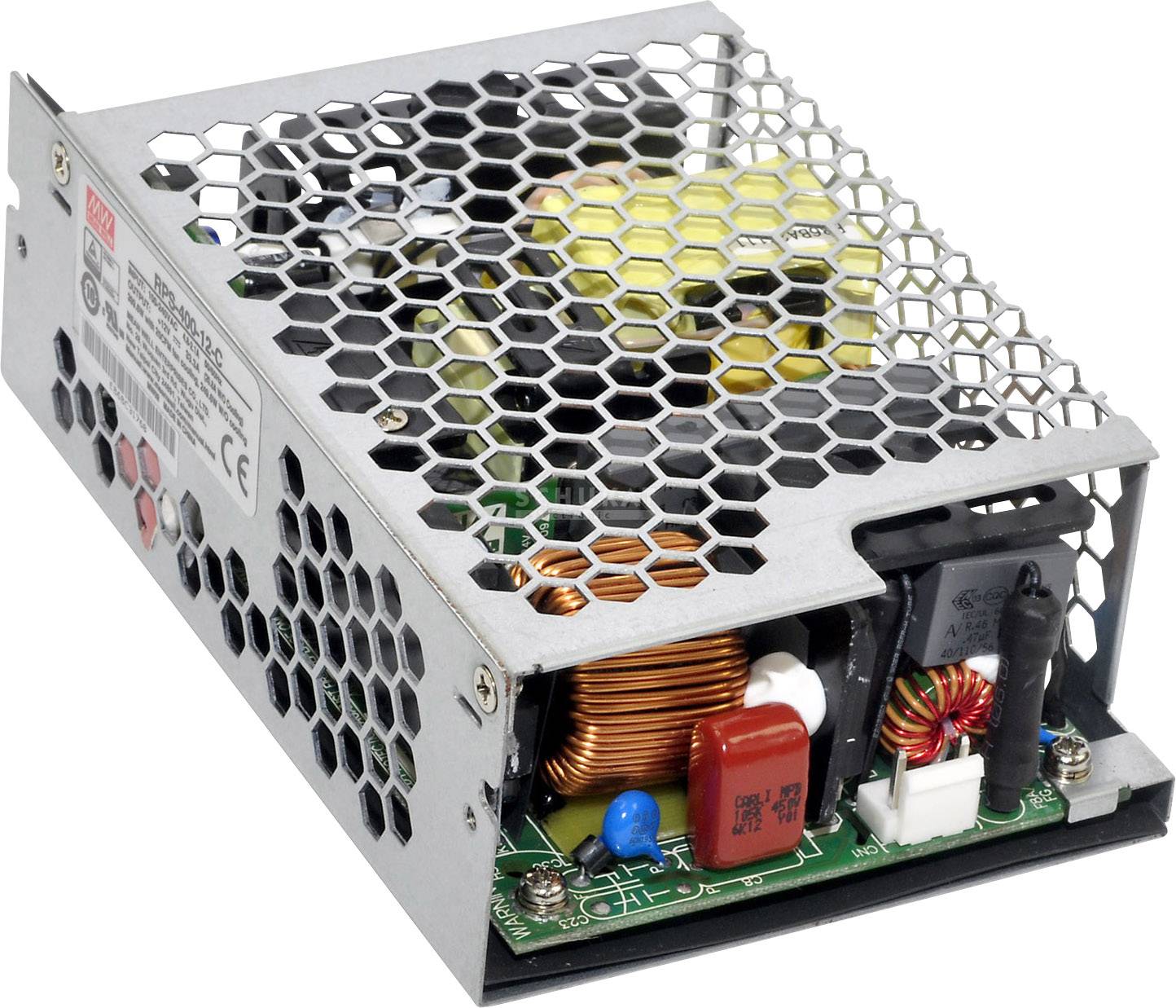 Un alimentatore switching con involucro a nido d'ape metallico, componenti elettronici visibili e morsetti di connessione sul lato.