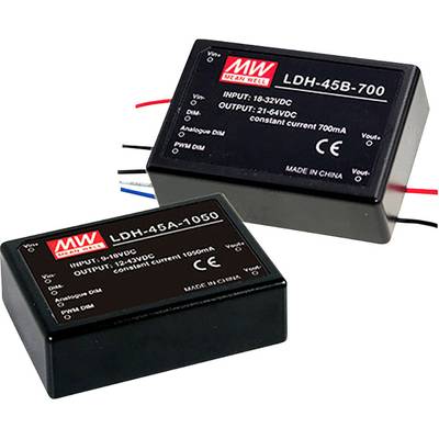 Due driver LED neri del marchio MEAN WELL con etichettatura dei parametri di ingresso e uscita, modelli LDH-45B-700 e LDH-45A-1050.